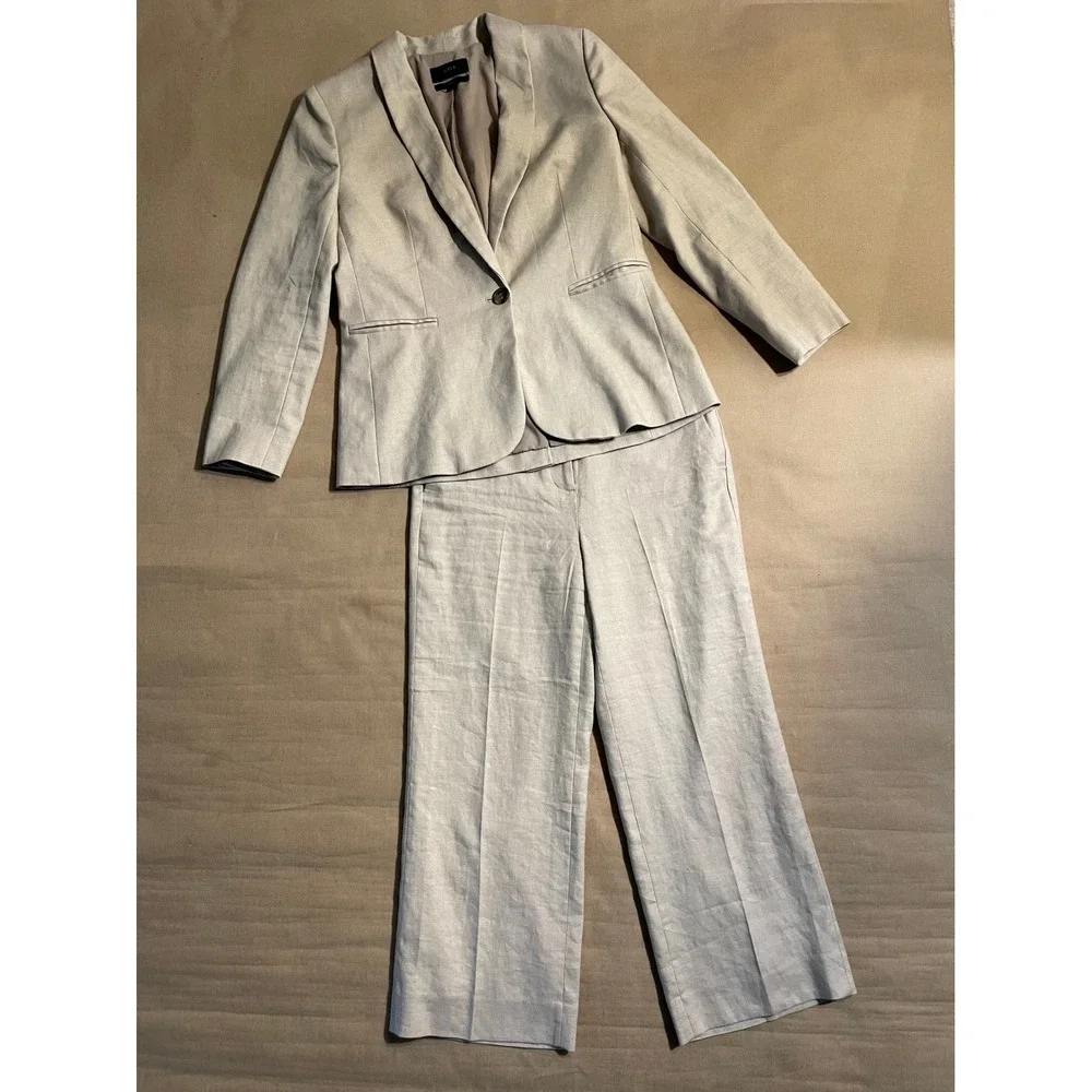 J Crew Linen Suit Set Women's Size 8P Cream Blazer and Size 6P Pants